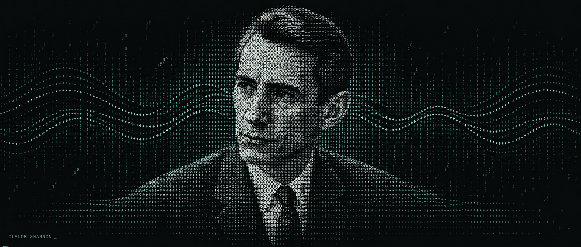 Artistic character portrait of Claude Shannon with teal signal waves
